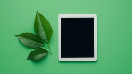 Digital tablet screen with minimalist green brand logo, eco startup concept