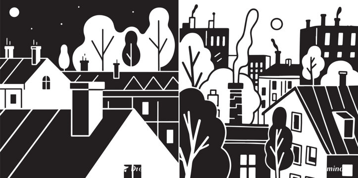 Black and white cityscape illustration showing rooftops and trees under a starry sky.