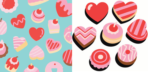 A collage featuring colorful heart-shaped and round pastries with various frostings and patterns, on a blue background on the left and a turquoise background on the right, creating a seamless pattern.