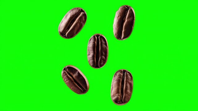 Brown coffee beans floating against a bright green background showcasing texture and color details
