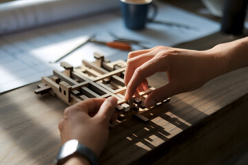 Hands assembling a detailed wooden architectural model.