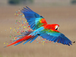 Obraz premium Tropical Bird in Flight: Red Macaw with Shimmering Effect