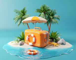 Fototapeta premium 3D illustration beach vacation concept. Orange suitcase with palm trees, sea, beach umbrella, lifebuoy. Summer travel, adventure, holiday, journey idea. Tourism. Vacation, trip. Tropical island