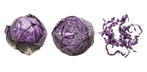 Deep purple cabbage transformed: whole, halved, and curly shreds like ribbons.