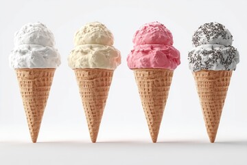 Four ice cream cones in various flavors