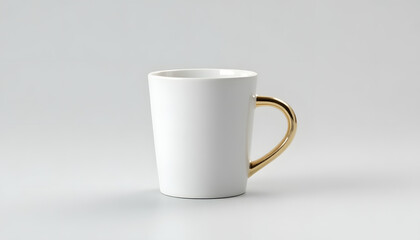 Fototapeta premium Ceramic white coffee mug with gold handle isolated on light gray background, soft shadows, minimalistic style. 