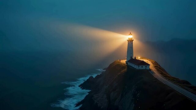 A lighthouse standing tall against crashing waves in a misty dawn at sea