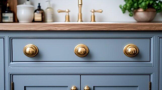 Close-up of a gray kitchen drawer with brass knobs