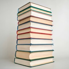 Towering stack of hardcover books with vibrant spines, symbolizing knowledge, education, literature, scholarship, and intellectual exploration, ideal for libraries, universities, bookstores concepts