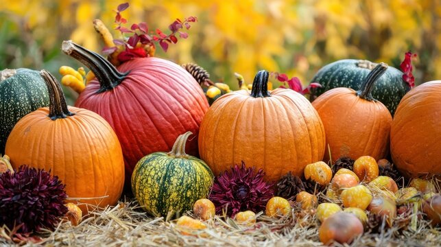 A colorful arrangement of pumpkins and gourds with autumn leaves in a rustic setting.