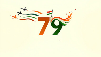 India 79th independence day poster with tricolor flag design ashoka chakra flame feathers fighter planes and modern typography perfect for greeting banners event graphics and stock visuals