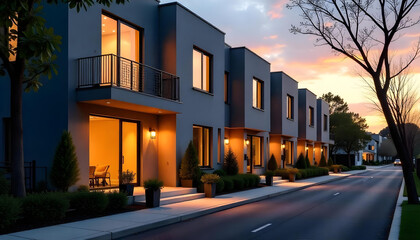 Fototapeta premium Modern townhouse row with identical flat fronts, minimalistic color palette, and small front gardens