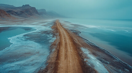 Empty sand spit road cutting through a salt lake, leading to nowhere. Minimalist landscape with blurred background, symbolizing isolation, uncertainty, and endless journey.