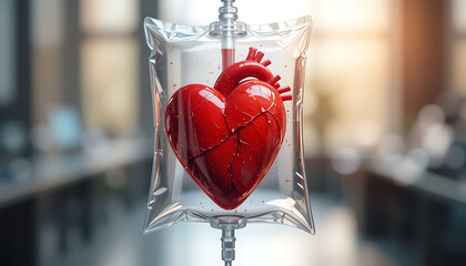 Floating Red Heart Inside Transparent IV Bag Symbolizing Love, Care, and Blood Donation Awareness