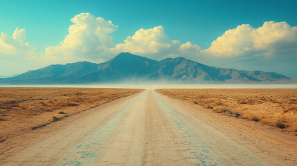 Empty sand spit road cutting through a salt lake, leading to nowhere. Minimalist landscape with blurred background, symbolizing isolation, uncertainty, and endless journey.