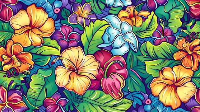 Fototapeta Tropical floral pattern background with hibiscus and plumeria flowers colorful botanical seamless design hawaiian island summer style