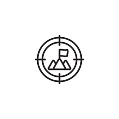 A black outline icon of a target with a mountain and a flag inside, representing a goal or target.