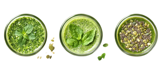 Healthy green smoothies topped with seeds and fresh mint, served in glass jars