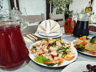 Served seafood salad on a table