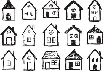 Fototapeta premium Collection of Hand Drawn Houses Black and White Doodle Style Isolated on White