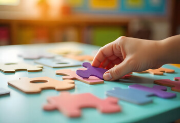 A child's hand is placing a purple puzzle piece onto a light blue surface amidst other colorful puzzle pieces