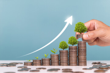 Interest rates,saving money, dividends and investment growth. A man put down coins with growing...