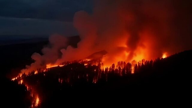 Forest Fire Spreading Under Night Sky