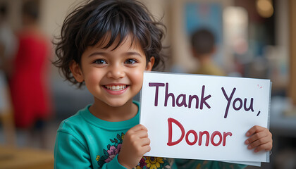 Happy Child Holding “Thank You, Donor” Sign for Blood Donation Appreciation and Awareness Campaigns

