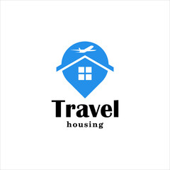 Obraz premium Travel and housing logo vector with hotel and property symbol featuring airplane flight pin map navigation for modern resort rent business app or residential destination branding design