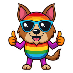 Naklejka premium A full-body of dog in rainbow-colored sunglasses giving a thumbs up with smile, showing approval