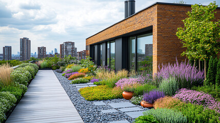 Obraz premium Rooftop Garden with Colorful Flowers and Modern Architecture