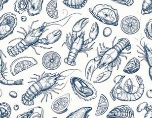 Seafood Sketch Pattern Lobsters Shrimp Oysters and Lemon Slices on White