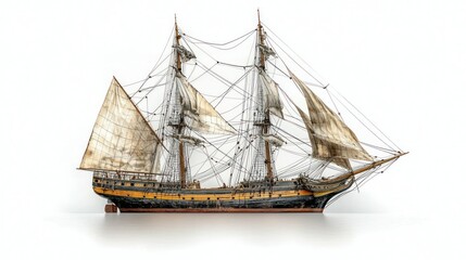 Detailed model ship, two masts, aged sails