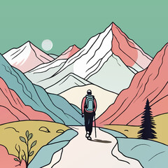 man hiking in the mountains cartoon vector illustration