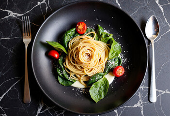 Elegant Spaghetti Dish with Spinach and Cherry Tomatoes