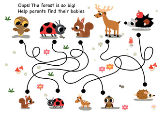 Cute forest summer autumn hand drawn maze labyrinth education worksheet printable book page. Children animal vector illustration game activity.