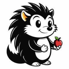 A cute cartoon animal illustration of a funny wild hedgehog, lion, dog, cat, or squirrel character drawing with a smile, isolated in nature with an apple