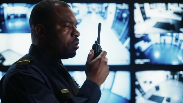 A focused security officer, of African descent, communicates via radio while closely monitoring multiple surveillance screens in a busy urban shopping mall during evening hours