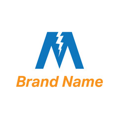 Fototapeta premium Vector business logo design featuring blue 3D cubes forming a letter symbol or internet icon for a new web company. M letter thunder bolt icon in negative space.