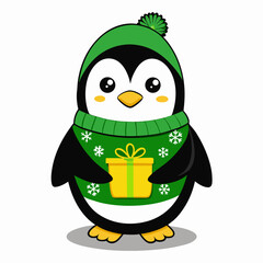Funny cartoon penguin with a green hat, shamrock, and beer celebrates St Patrick's Day with a lucky smile