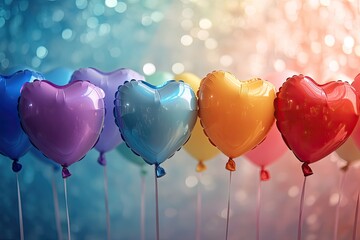 heart balloons in a rainbow of colors, with a soft-focus background for text overlay