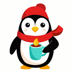 Cute cartoon penguin Santa Claus with a Christmas hat, a funny winter holiday animal illustration