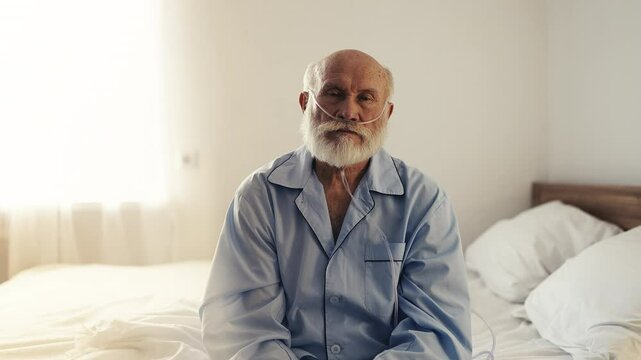 Portrait of lonely senior man with nasal cannula sitting on bed, chronic illness
