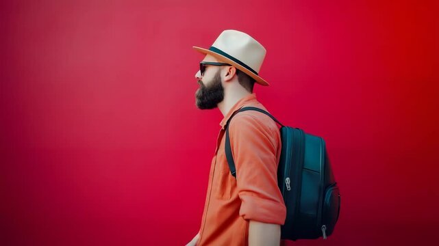 Man with backpack, walking against red background, for travel blogs