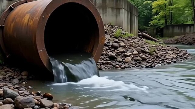 Polluted Wastewater Flowing into River from Industry