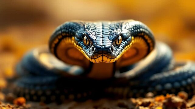  A dramatic shot of an Indian cobra in a traditional pose, its hood fully expanded, as it faces the camera with an intense gaze in the heat of the Indian desert