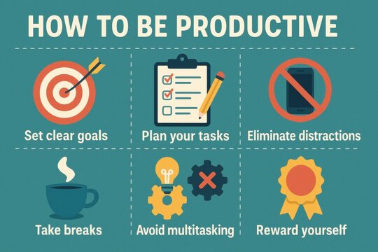 Productivity tips visualized using infographics, showcasing methods to increase efficiency and time management