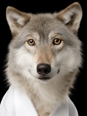 Fototapeta premium Wolf Portrait in White Lab Coat on Black Background