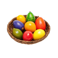 Colorful fresh fruit in a woven basket, A woven basket filled with colorful apples and clusters of...