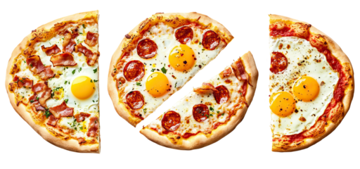 Savory breakfast pizza with egg, cheese, bacon, and golden crust